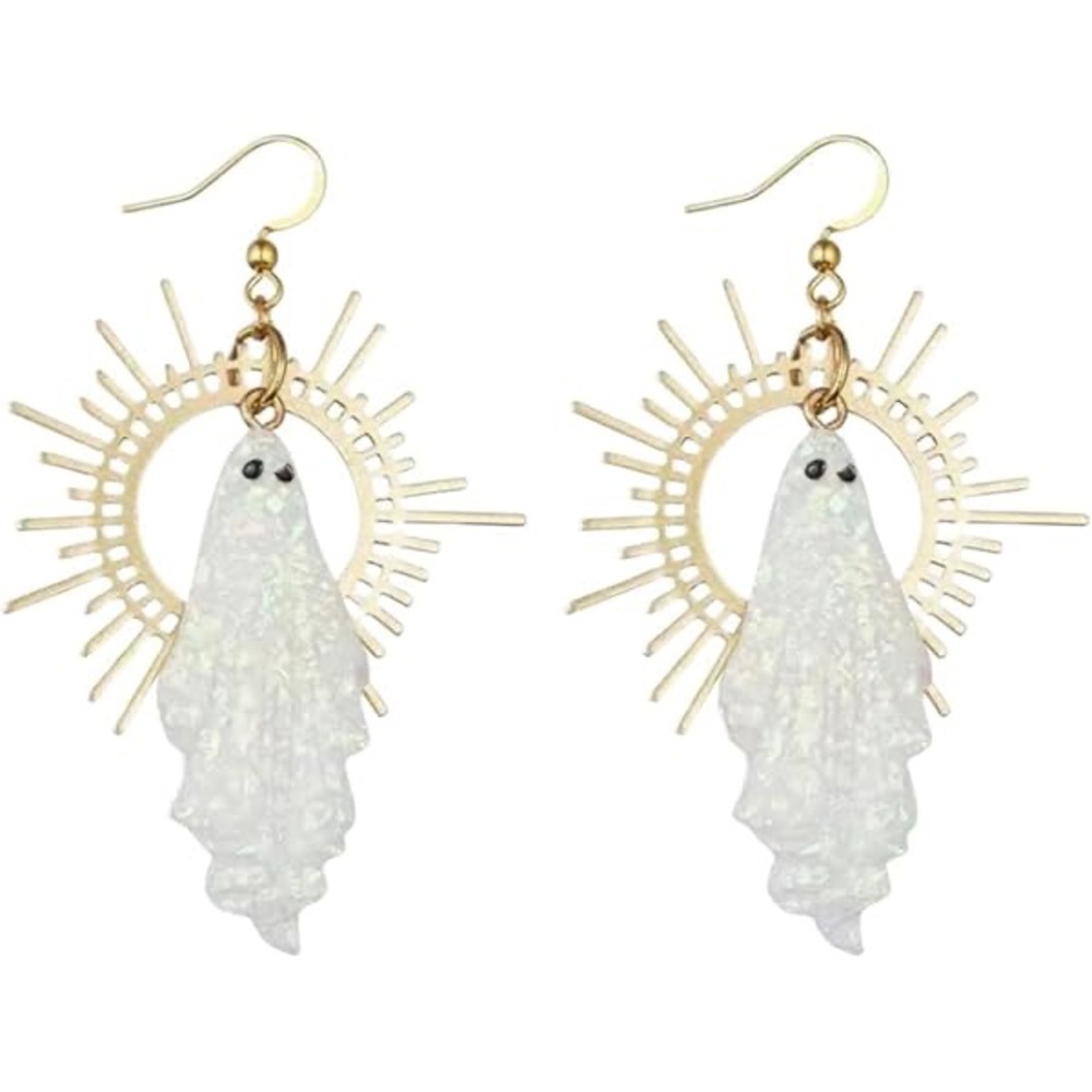 Acrylic Opalescent Ghost & Gold-tone Sunburst Halloween Earrings